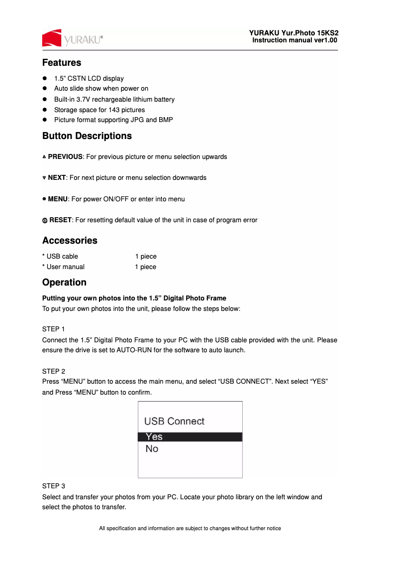 Imagen de la primera página del manual del dispositivo Yur.Photo 15KS2