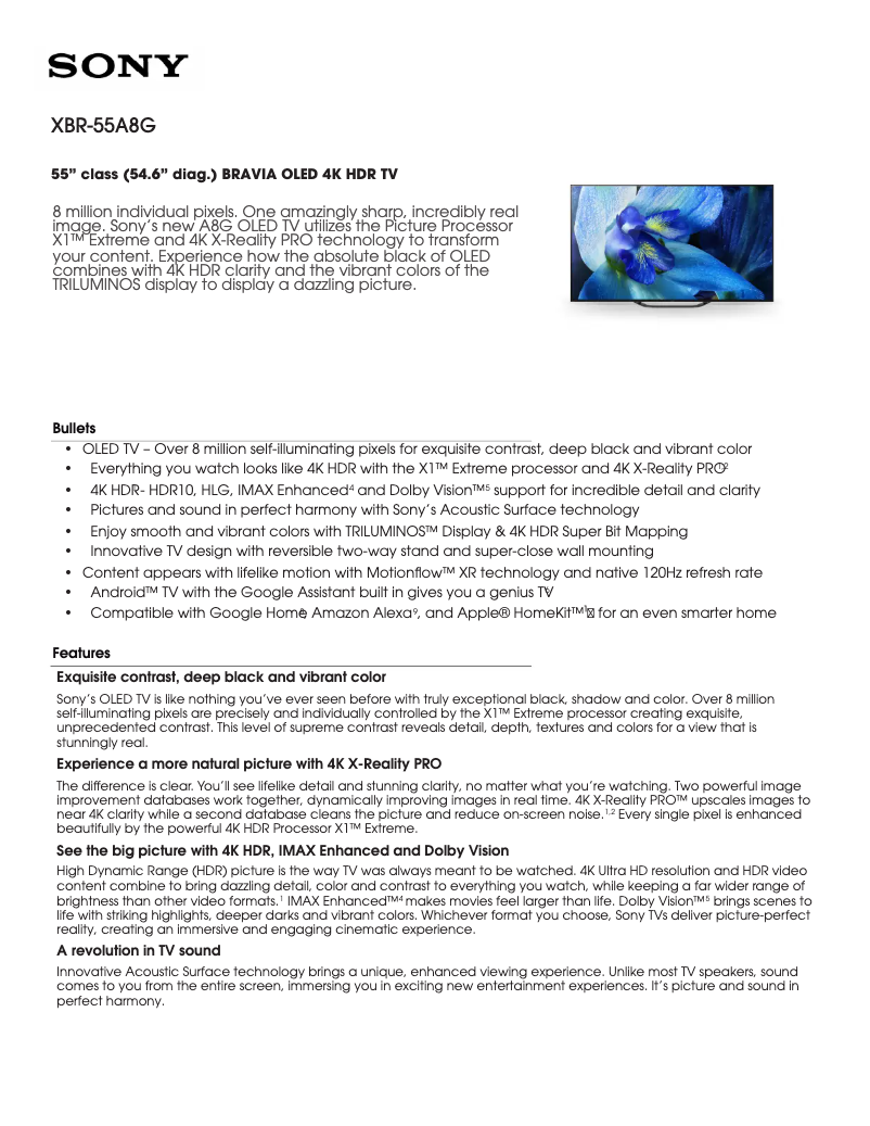 Imagen de la primera página del manual del dispositivo XBR-55A8G