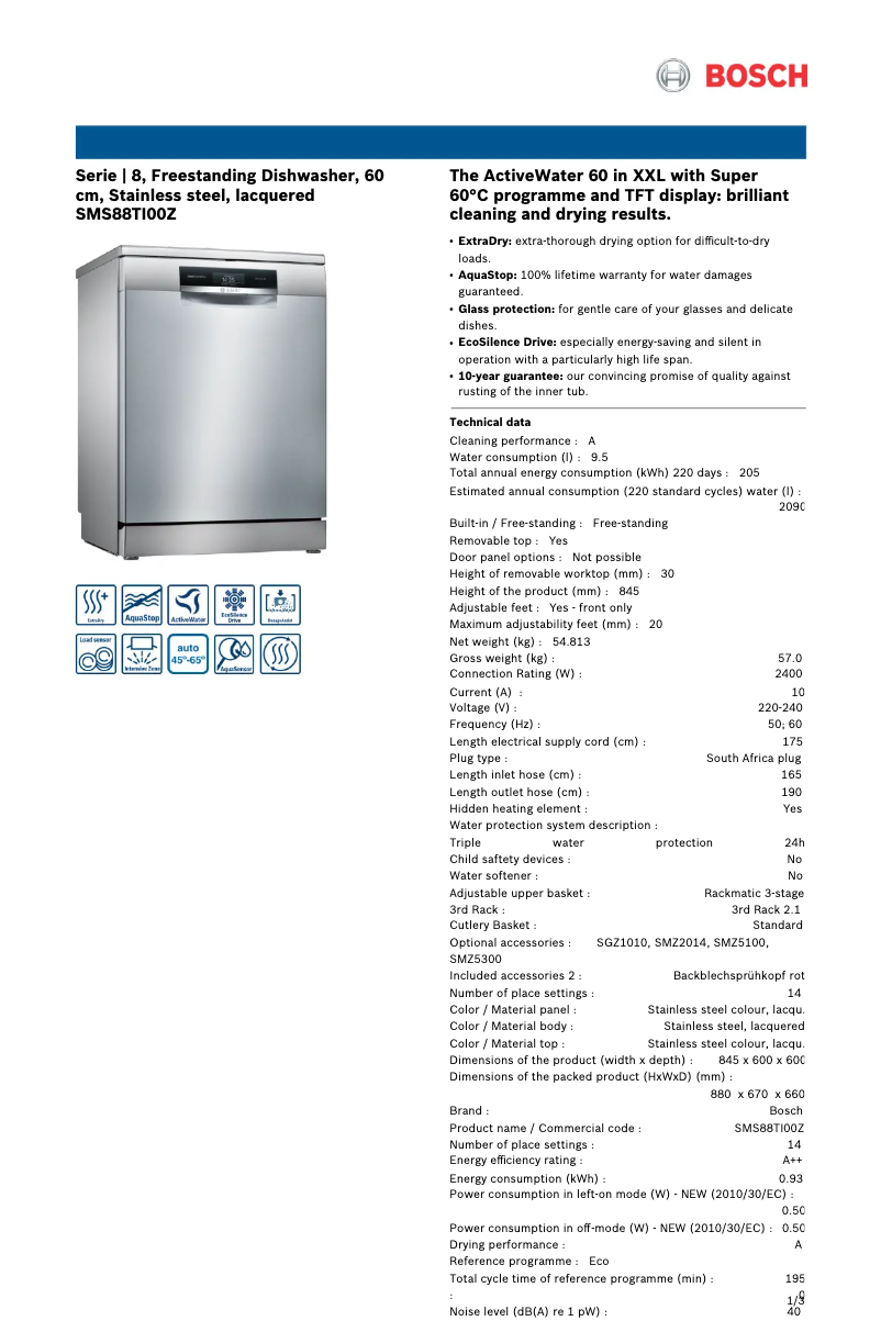 Página nº 1 - Ficha técnica Bosch SMS88TI00Z