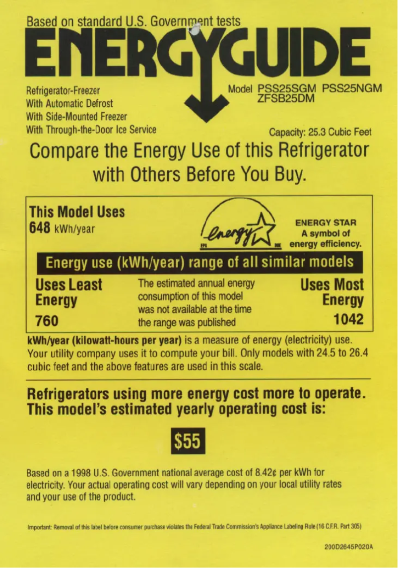 Página 1 del manual Etiqueta energética GE PSS25NGMCC