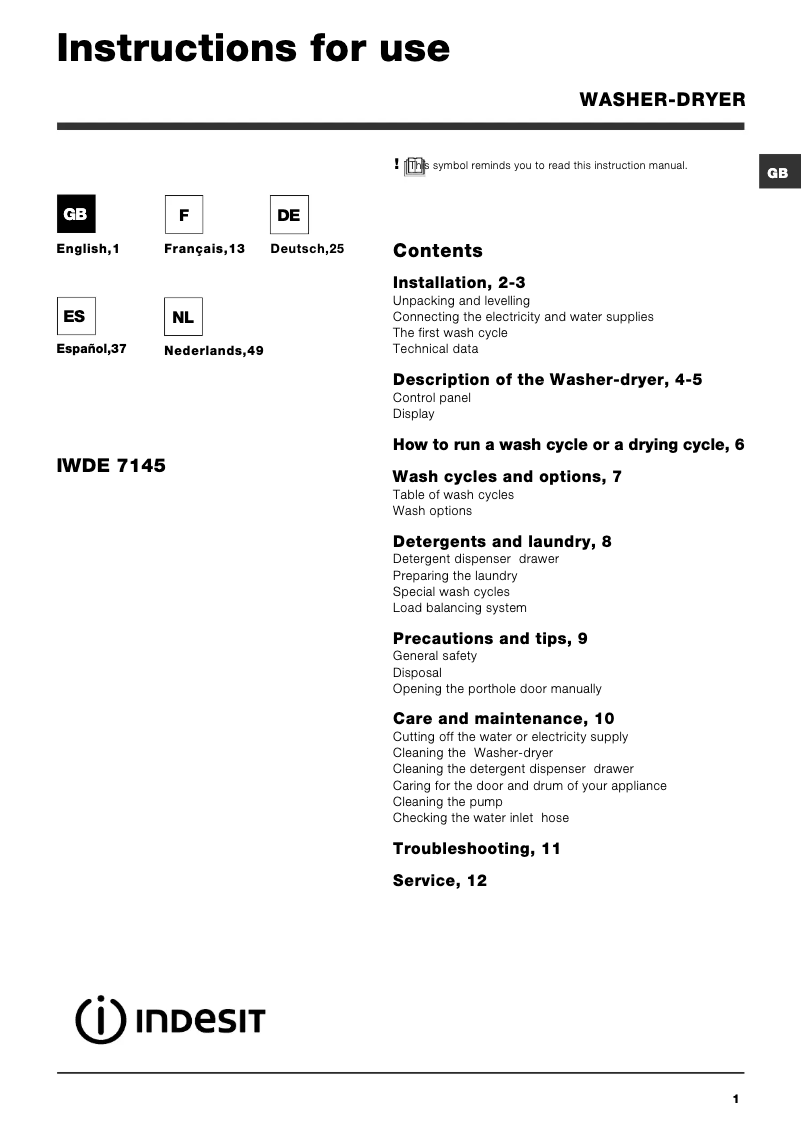 Imagen de la primera página del manual del dispositivo IWDE 7145