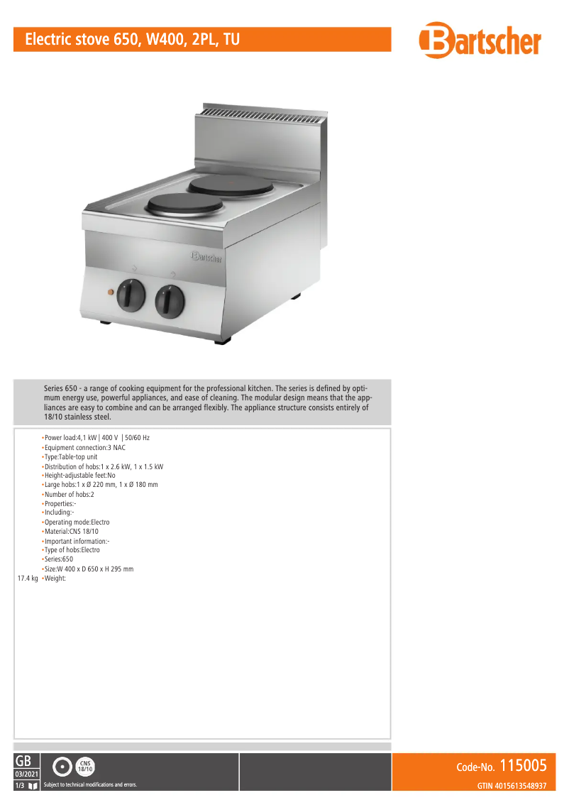 Página 1 del manual Ficha técnica Bartscher 115005