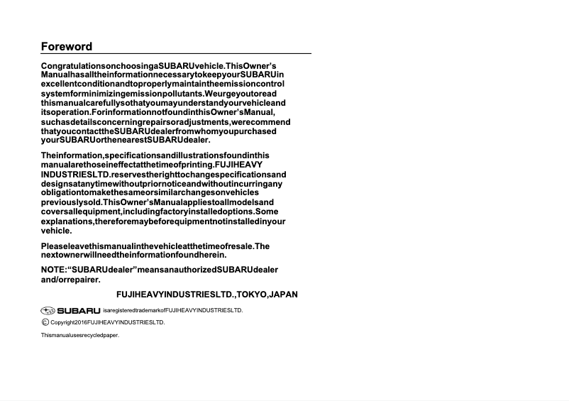 Imagen de la primera página del manual del dispositivo Levorg (2017)