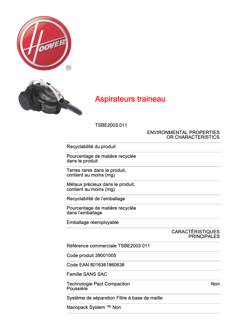 Página 1 del manual Ficha técnica Hoover Sprint Evo TSBE2003 011