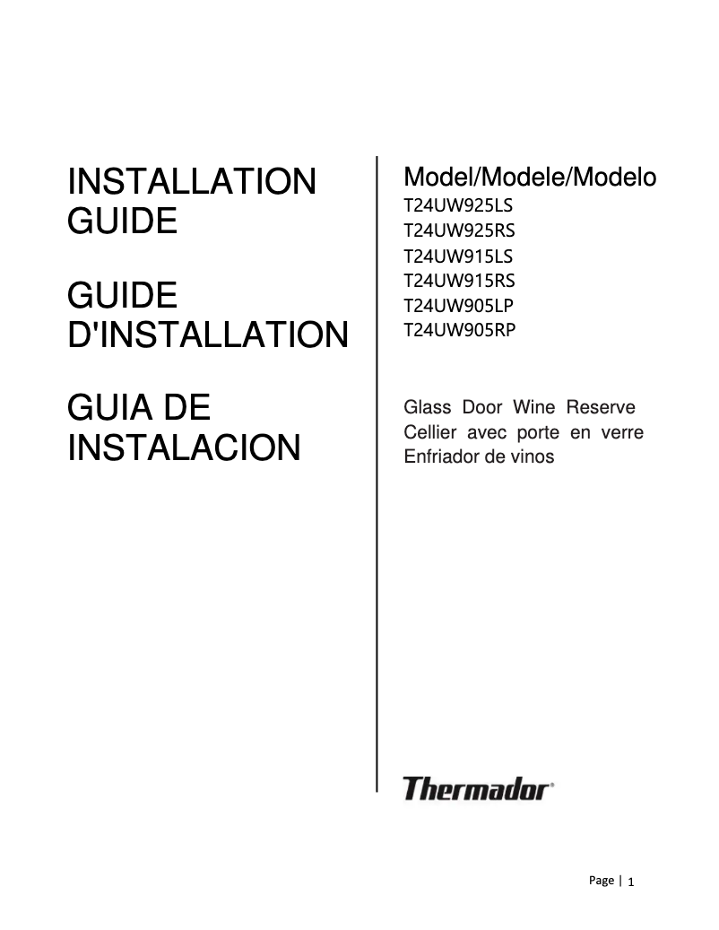 Página 1 del manual Guía de instalación Thermador T24UW905LP