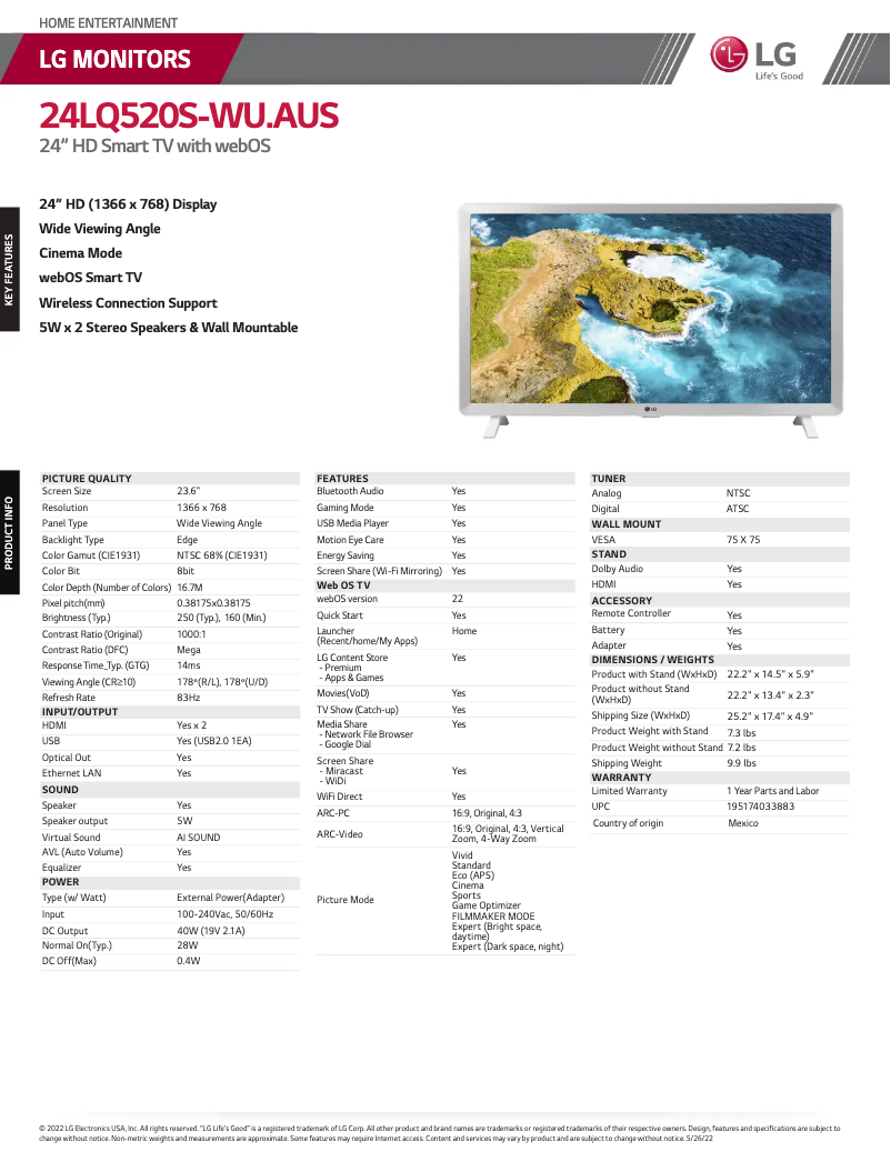 Imagen de la primera página del manual del dispositivo 24LQ520S