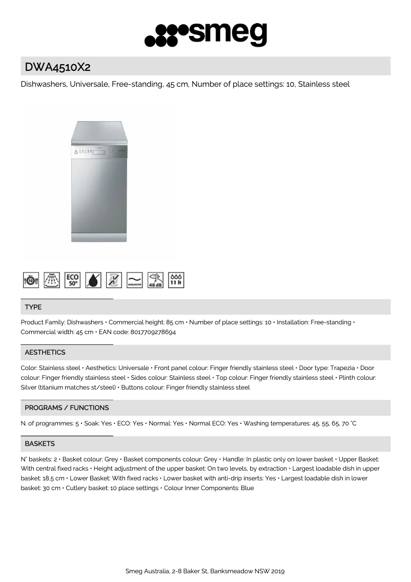 Página 1 del manual Ficha técnica Smeg DWA4510X2