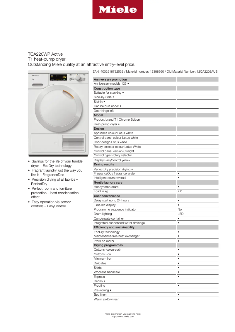 Página 1 del manual Ficha técnica Miele TCA220 WP