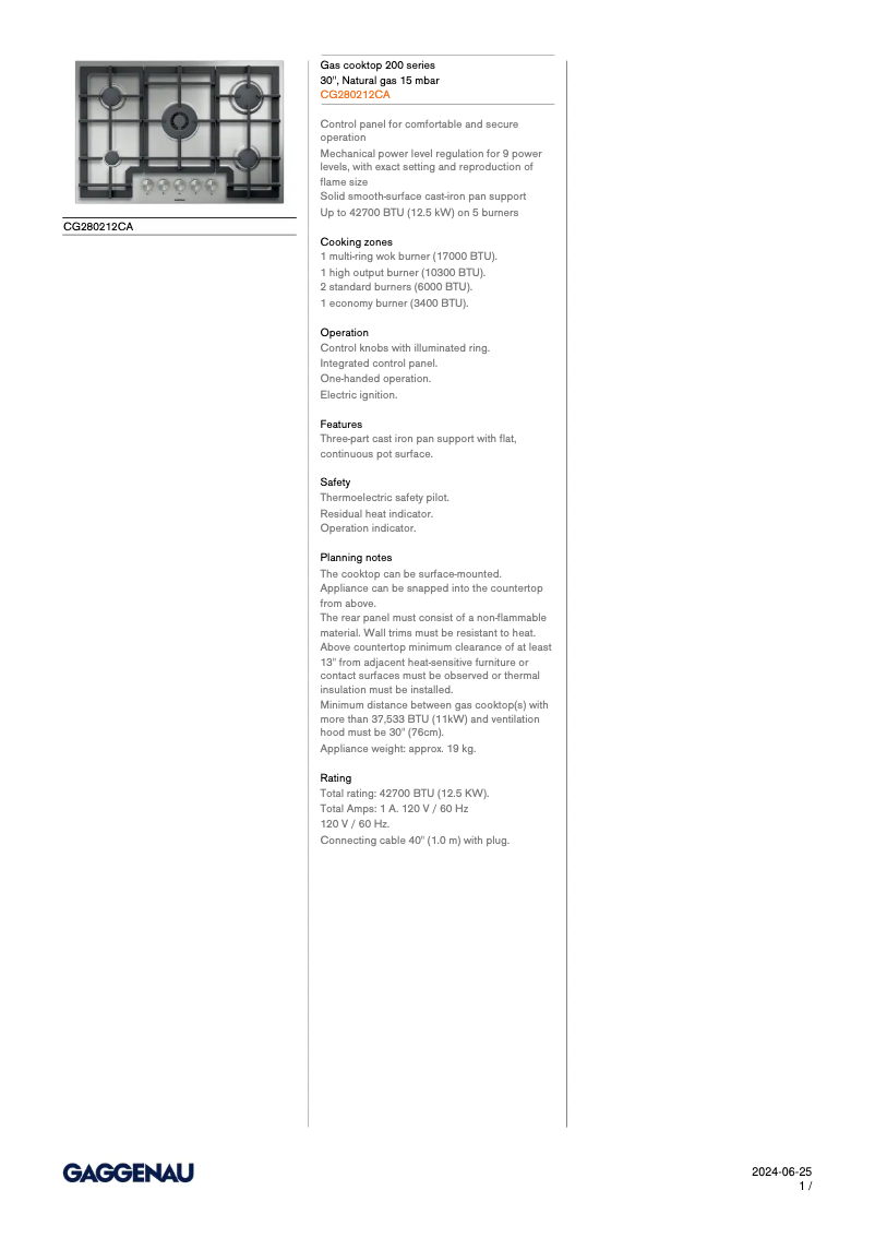 Página 1 del manual Ficha técnica Gaggenau CG280212CA