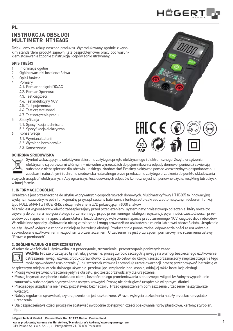 Imagen de la primera página del manual del dispositivo HT1E605