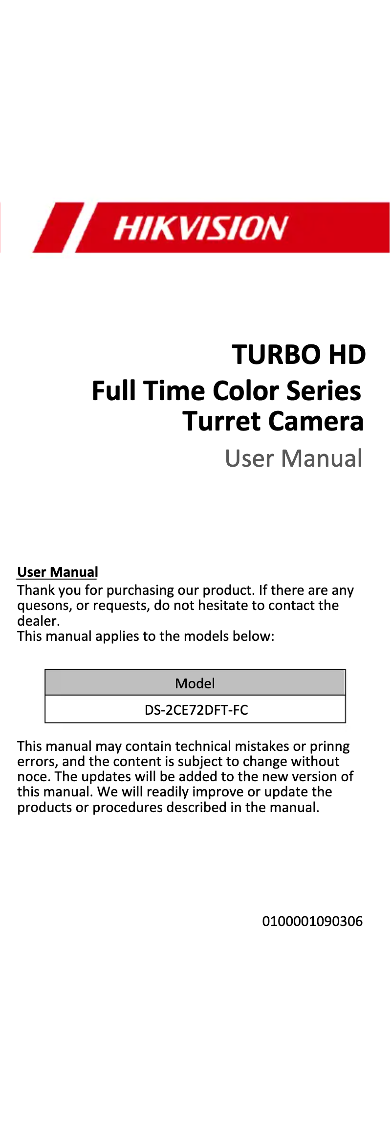 Imagen de la primera página del manual del dispositivo DS-2CE72DFT-FC