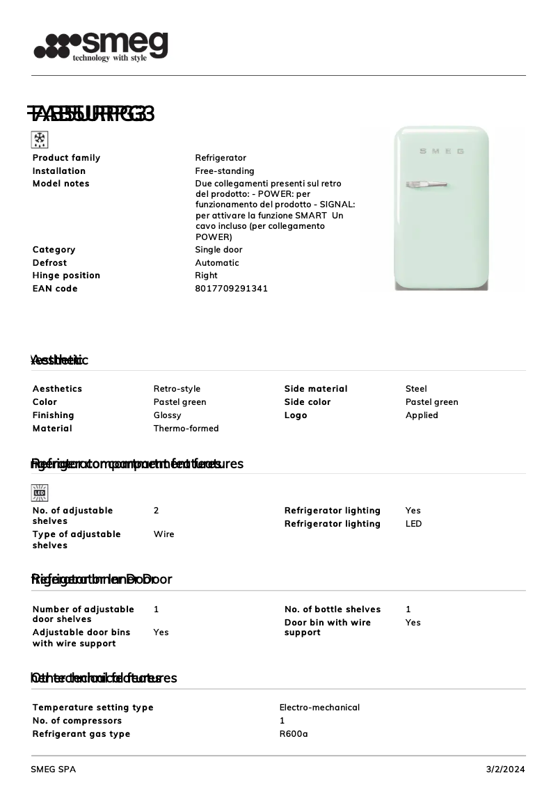 Página 1 del manual Ficha técnica Smeg FAB5URPG3