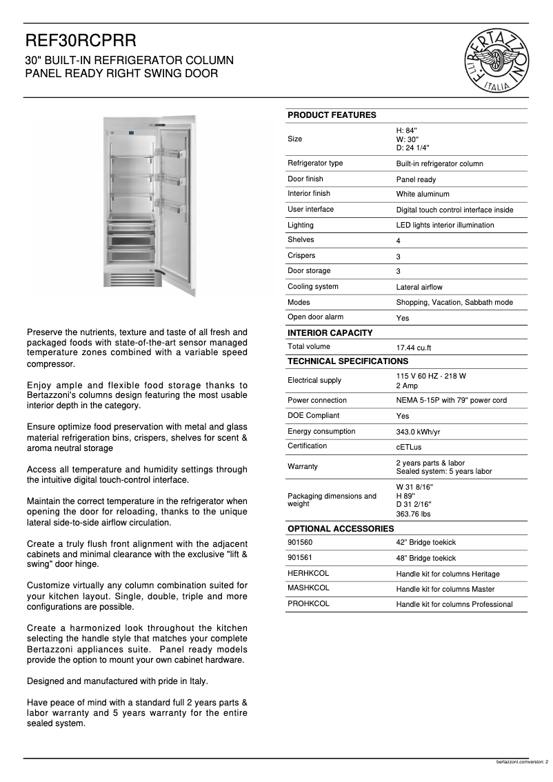 Página 1 del manual Ficha técnica Bertazzoni REF30RCPRR