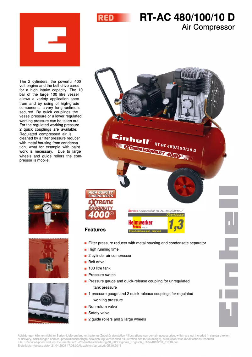Página 1 del manual Ficha técnica Einhell RT-AC 480/100/10 D