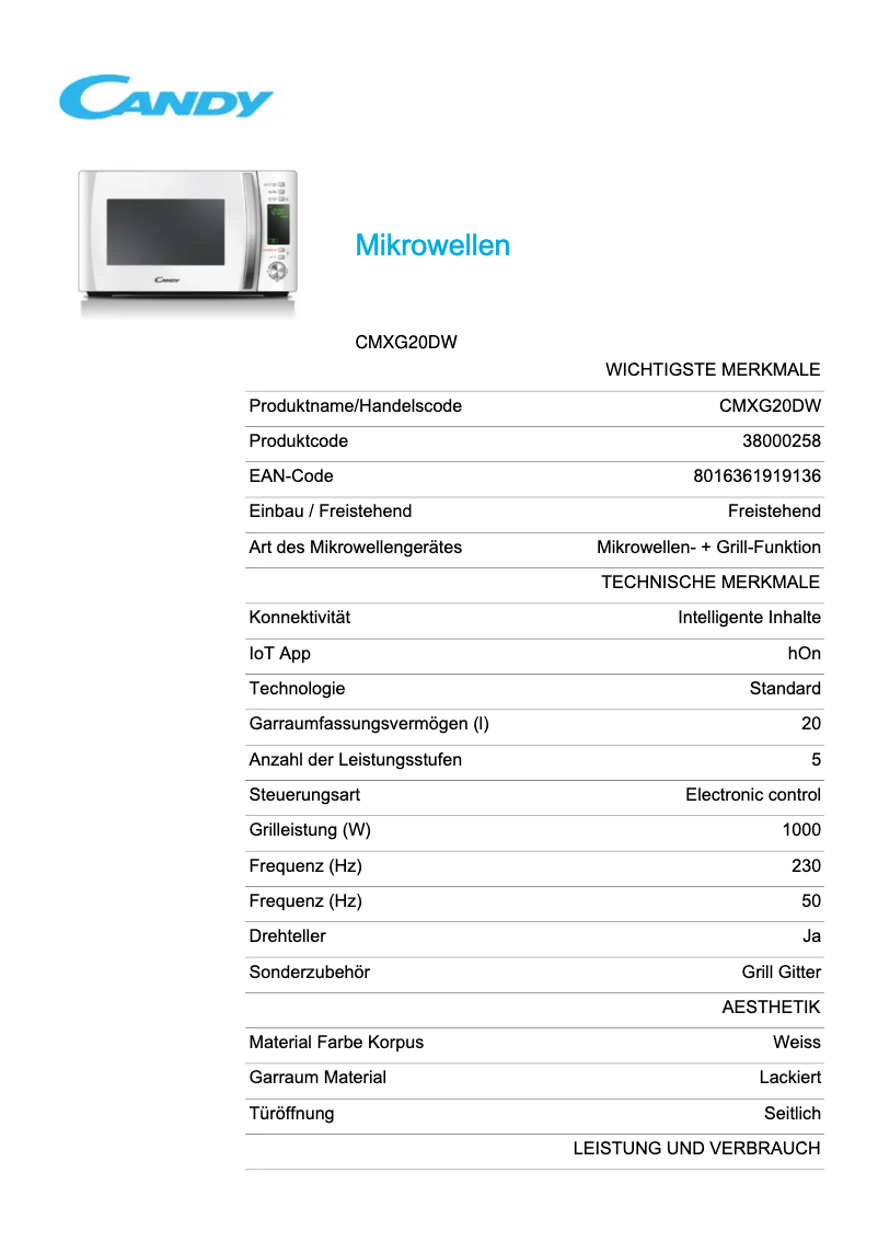 Página 1 del manual Ficha técnica Candy CMXG20DW