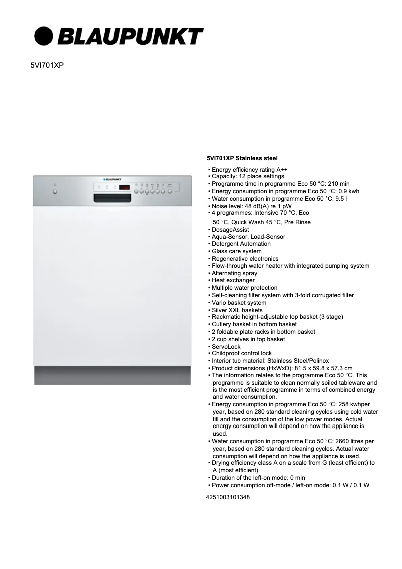 Página 1 del manual Ficha técnica Blaupunkt 5VI701XP