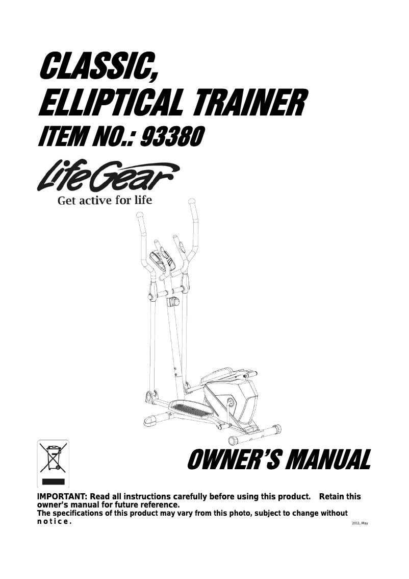 Página 1 del manual Manual de usuario Life Gear Classic Elliptical Trainer 93380