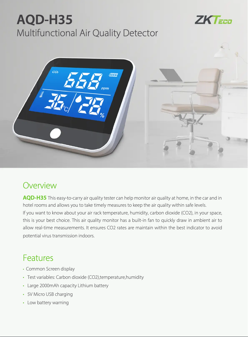 Página 1 del manual Ficha técnica ZKTeco AQD-H35