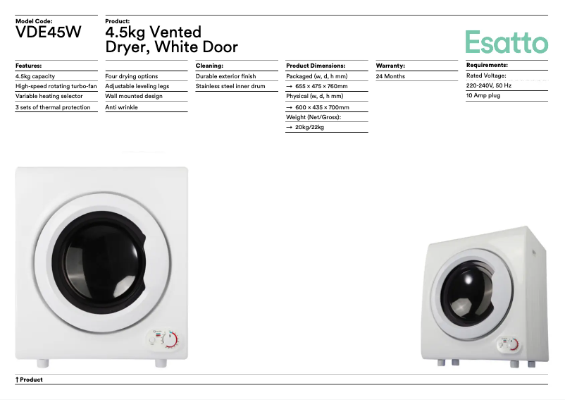 Página 1 del manual Ficha técnica Esatto VDE45W