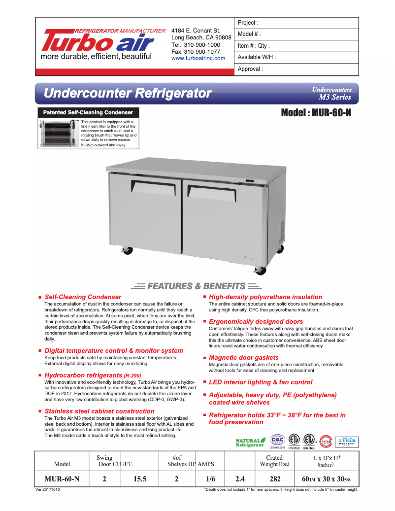 Página 1 del manual Ficha técnica Turbo air MUR-60