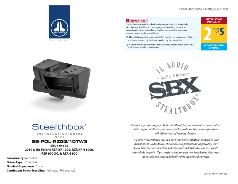 Página 1 del manual Manual de usuario JL Audio Stealthbox SB-POL-RZG3/10TW3