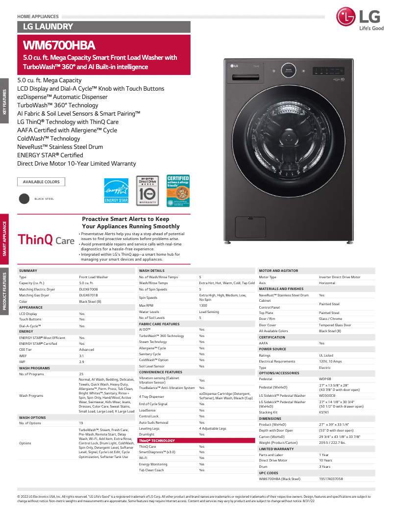 Página 1 del manual Ficha técnica LG WM6700HBA