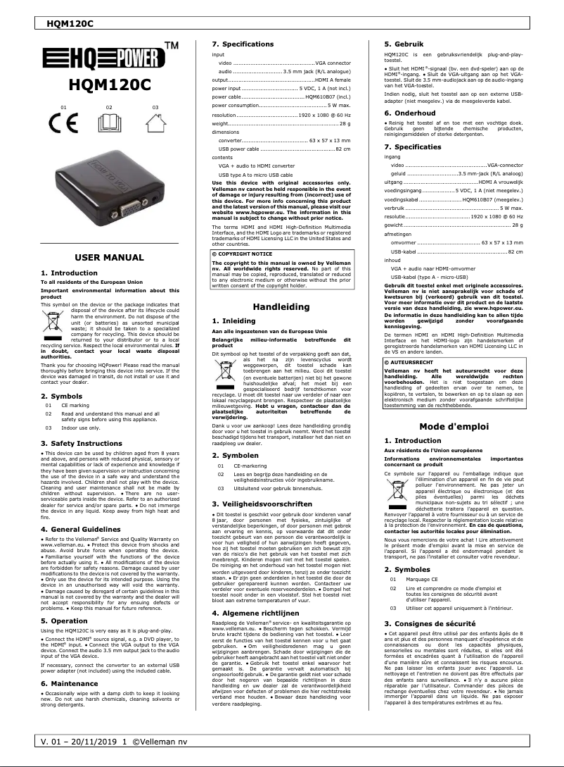 Imagen de la primera página del manual del dispositivo HQM120C