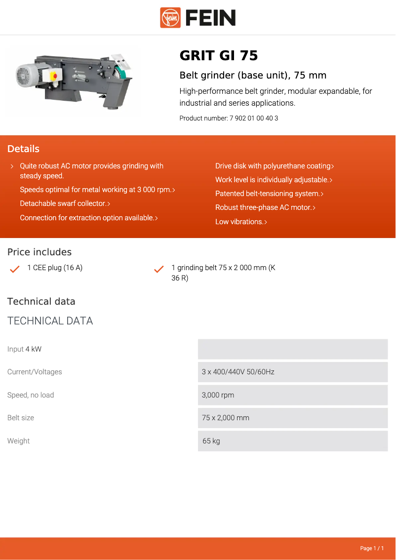 Página nº 1 - Ficha técnica Fein GRIT GI 75