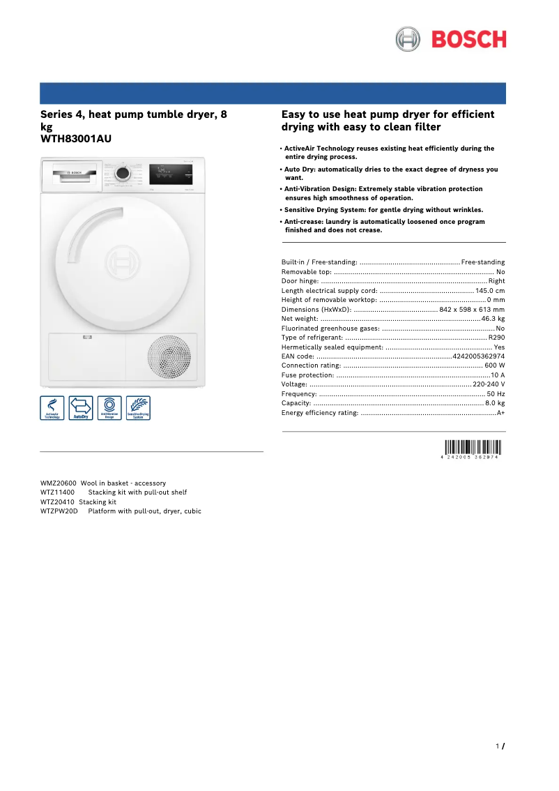 Página 1 del manual Ficha técnica Bosch WTH83001AU