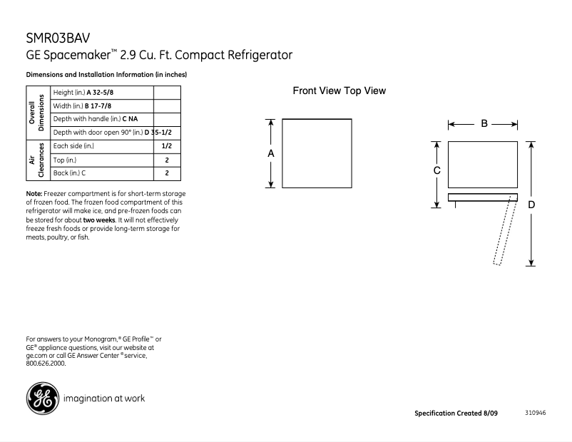 Página 1 del manual Ficha técnica GE SMR03BAVBB