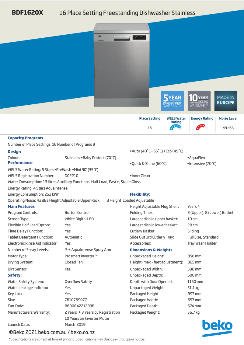 Página 1 del manual Ficha técnica Beko BDF1620X