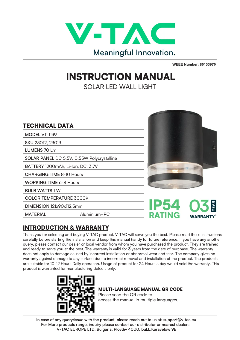 Imagen de la primera página del manual del dispositivo VT-1139