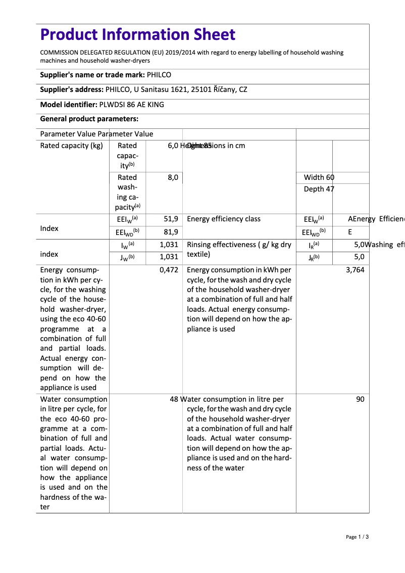 Página 1 del manual Ficha técnica Philco PLWDSI 86 AE King
