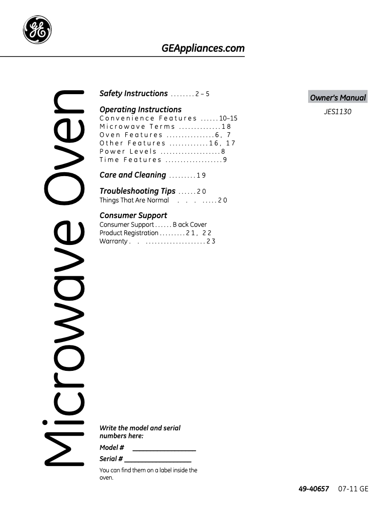 Imagen de la primera página del manual del dispositivo JES1130DSWW