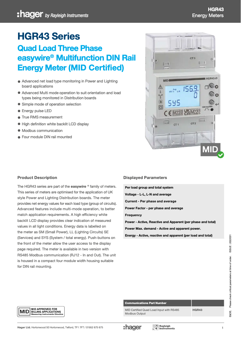 Página 1 del manual Ficha técnica Hager JKD146TM