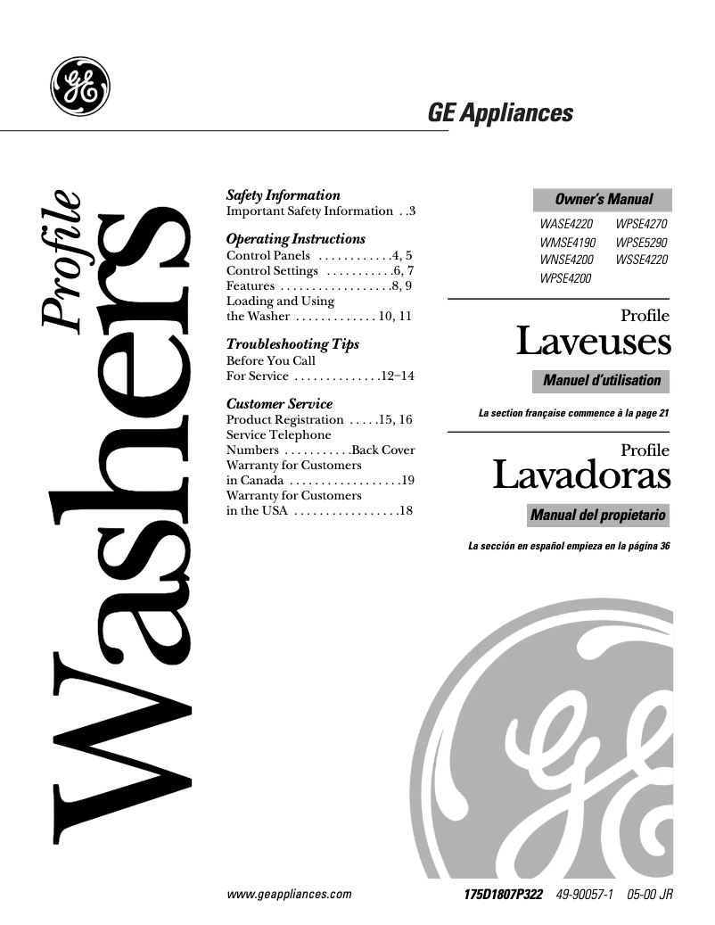 Página 1 del manual Manual de uso y mantenimiento GE Profile WPSE5290AWW