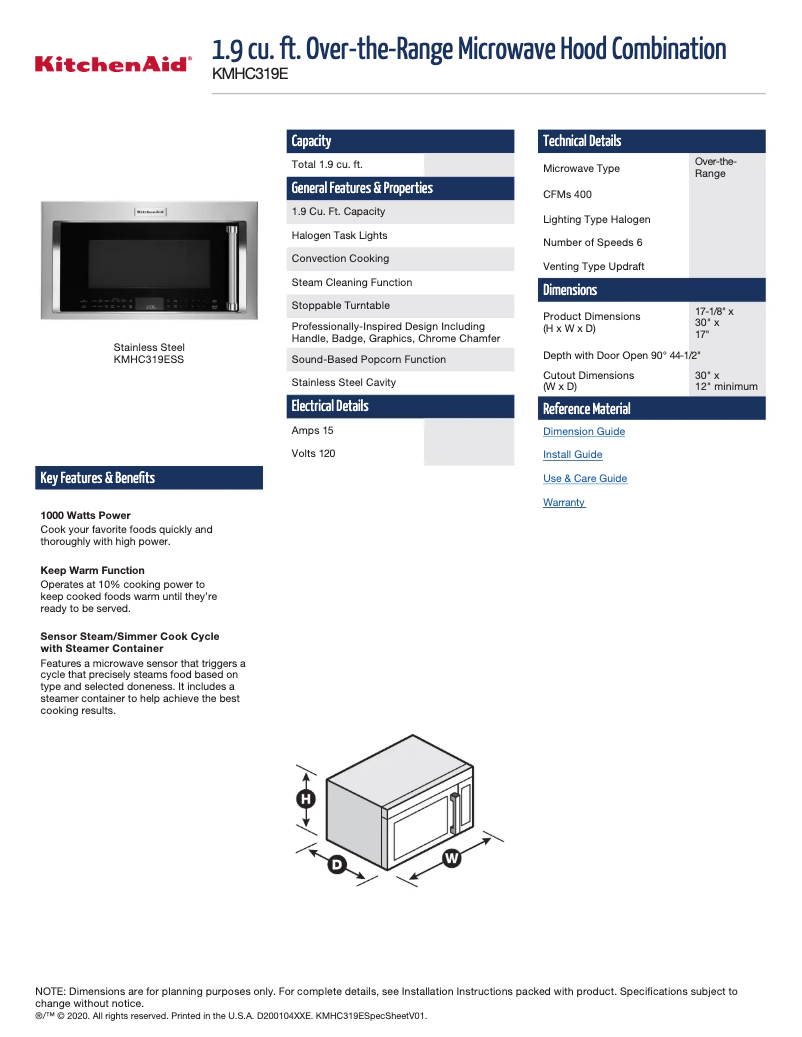 Página 1 del manual Ficha técnica KitchenAid KMHC319EBS