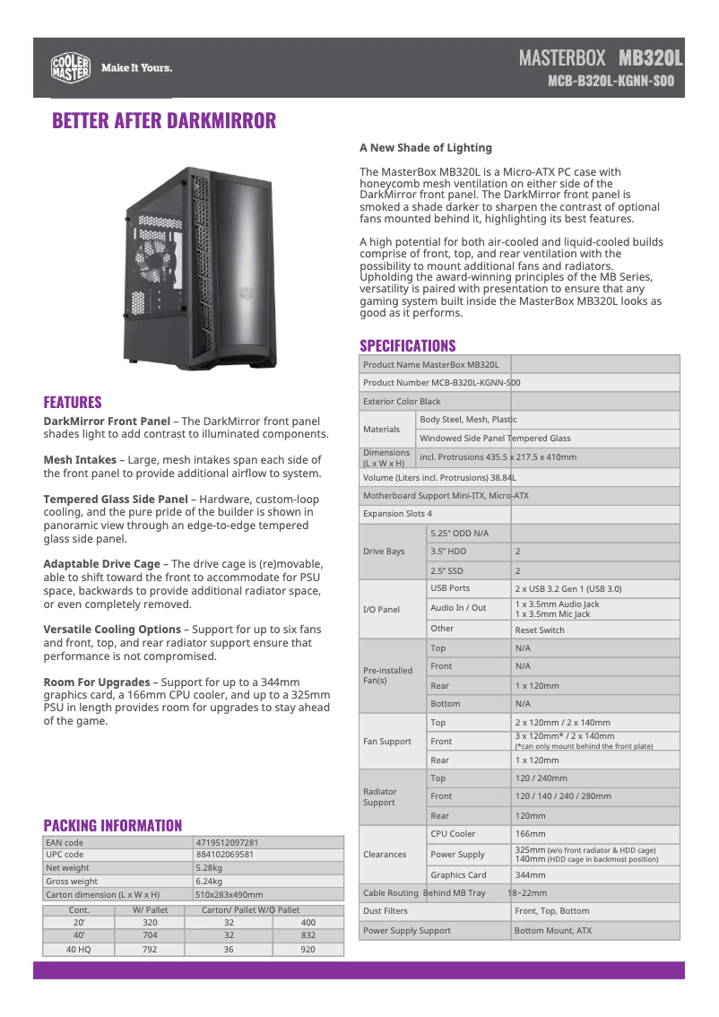Página 1 del manual Ficha técnica Cooler Master MasterBox MB320L
