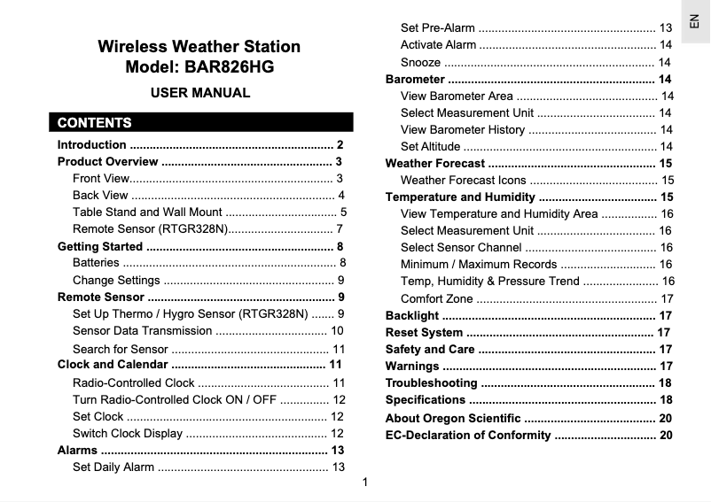 Página 1 del manual Manual de usuario Oregon Scientific BAR826HG