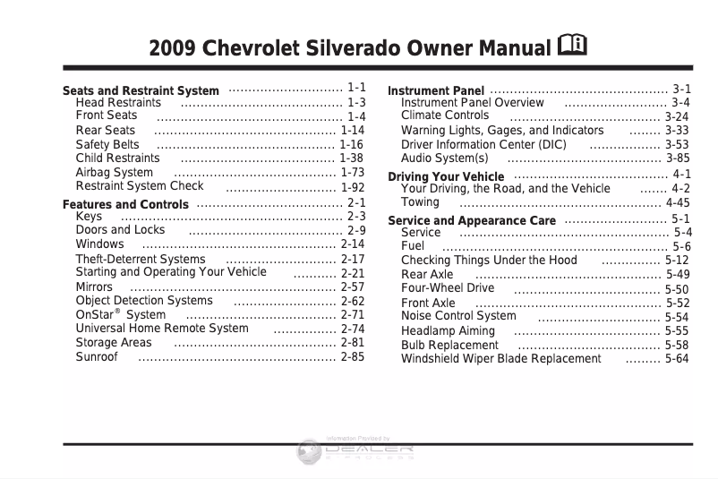 Imagen de la primera página del manual del dispositivo Silverado 1500 (2009)