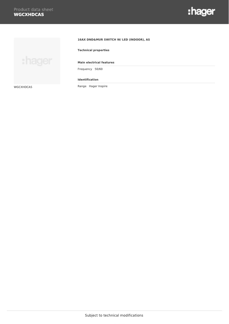 Página 1 del manual Ficha técnica Hager WGCXHDCAS