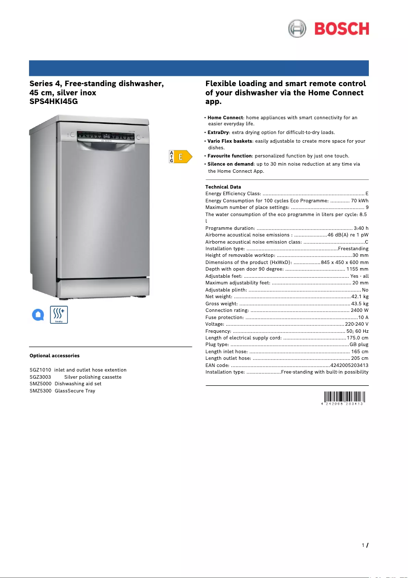 Página nº 1 - Ficha técnica Bosch SPS4HKI45G