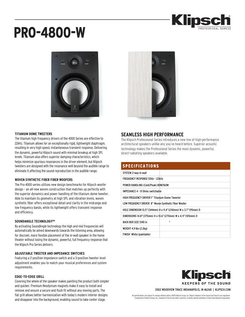 Página 1 del manual Ficha técnica Klipsch PRO-4800-W