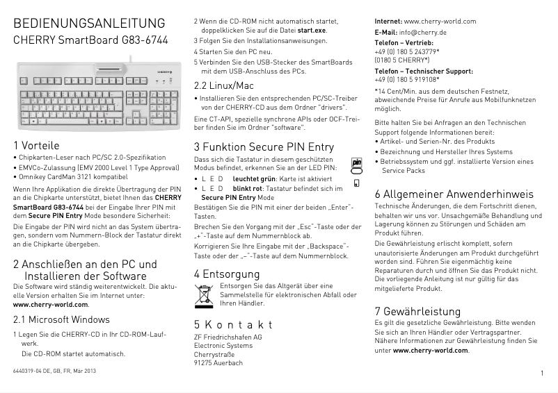 Página 1 del manual Manual de usuario Cherry SmartBoard G83-6744