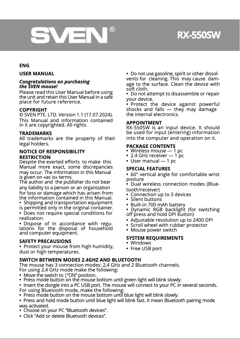 Imagen de la primera página del manual del dispositivo RX-550SW