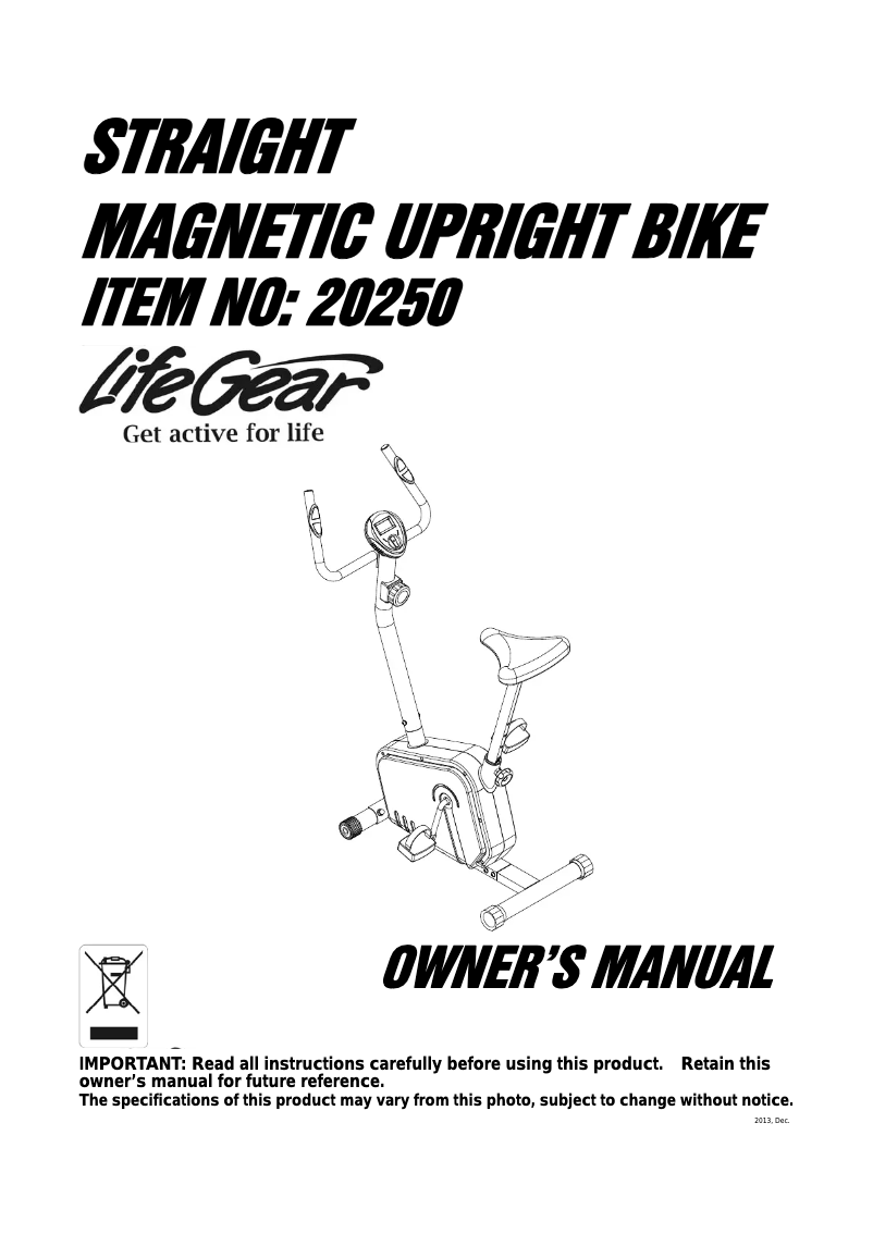 Página 1 del manual Manual de usuario Life Gear Straight Magnetic Upright Bike 20250