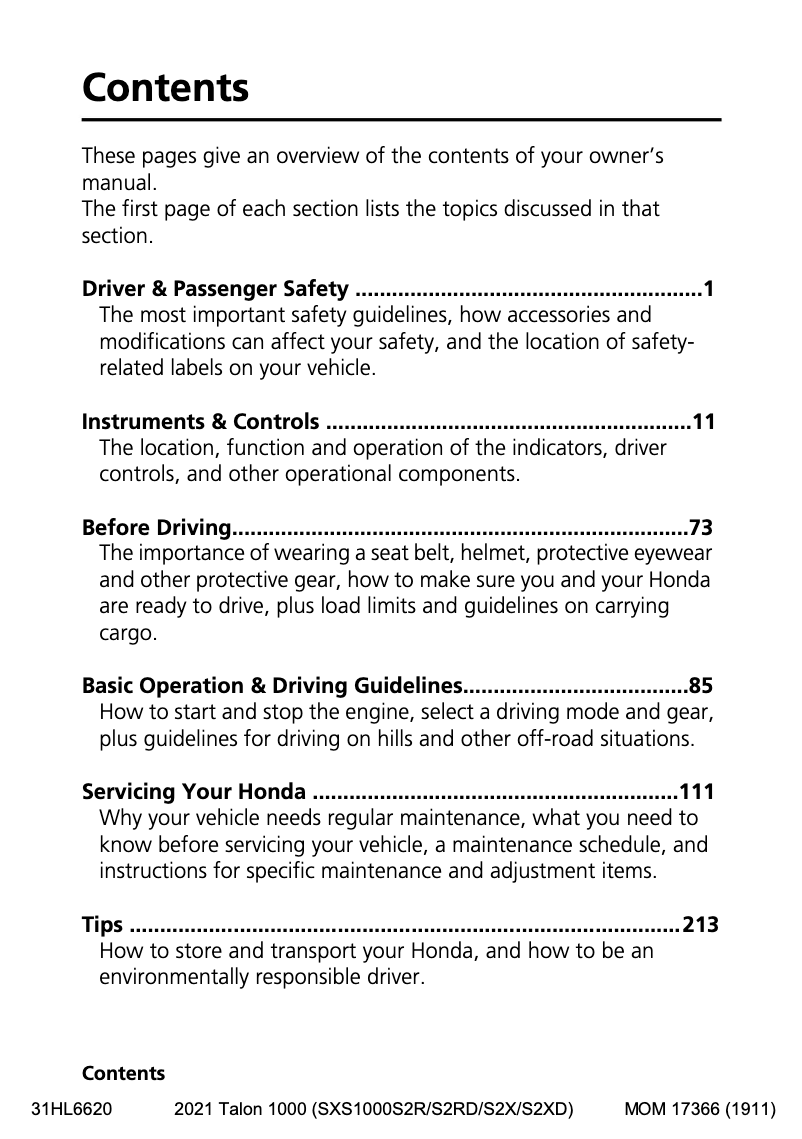 Página 1 del manual Manual de usuario Honda Talon 1000 (2021)