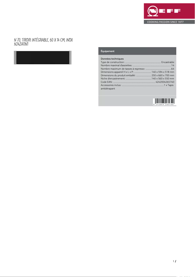 Página 1 del manual Ficha técnica Neff N24ZA11N1