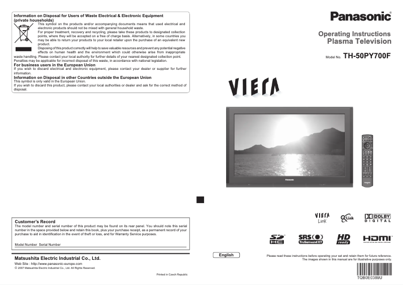 Imagen de la primera página del manual del dispositivo Viera TH-50PY700F