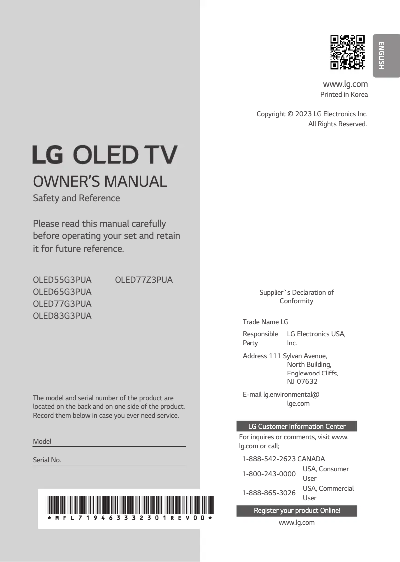 Imagen de la primera página del manual del dispositivo OLED65G3PUA